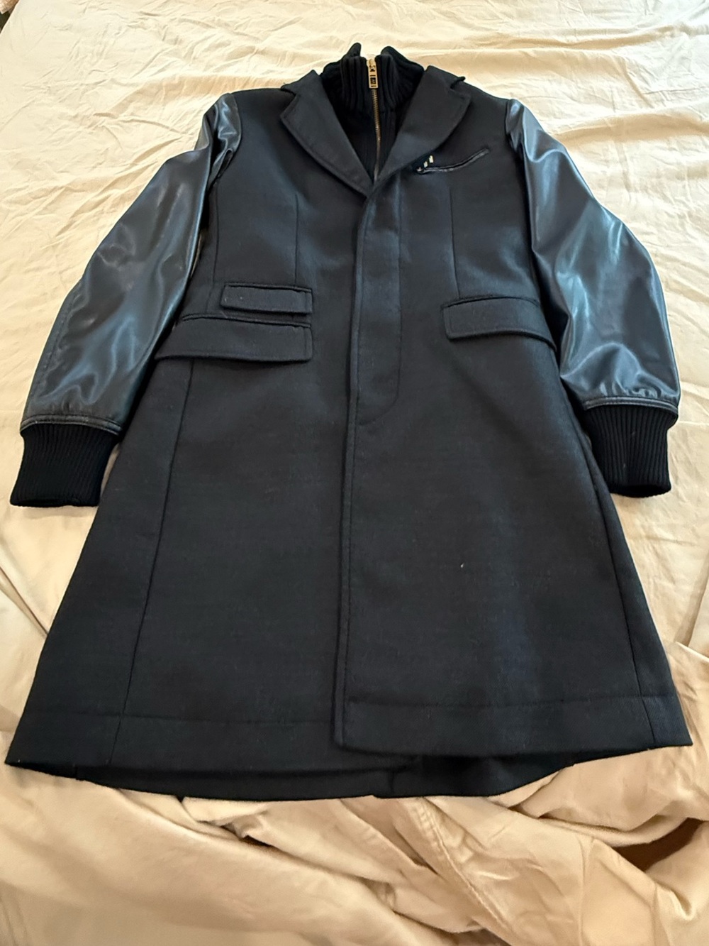 Zara Black Pea Coat with Faux Leather Sleeves